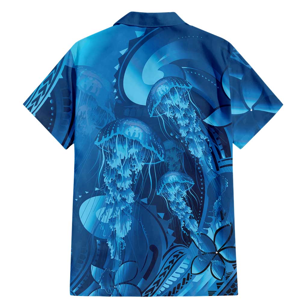 Blue Gradient Polynesia Jellyfish Family Matching Off The Shoulder Long Sleeve Dress and Hawaiian Shirt Plumeria Polynesian Tattoo Glowing Vibes LT14 - Polynesian Pride