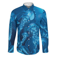 Blue Gradient Polynesia Jellyfish Family Matching Off The Shoulder Long Sleeve Dress and Hawaiian Shirt Plumeria Polynesian Tattoo Glowing Vibes LT14 Dad's Shirt - Long Sleeve Blue - Polynesian Pride