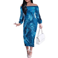 Blue Gradient Polynesia Jellyfish Family Matching Off The Shoulder Long Sleeve Dress and Hawaiian Shirt Plumeria Polynesian Tattoo Glowing Vibes LT14 Mom's Dress Blue - Polynesian Pride