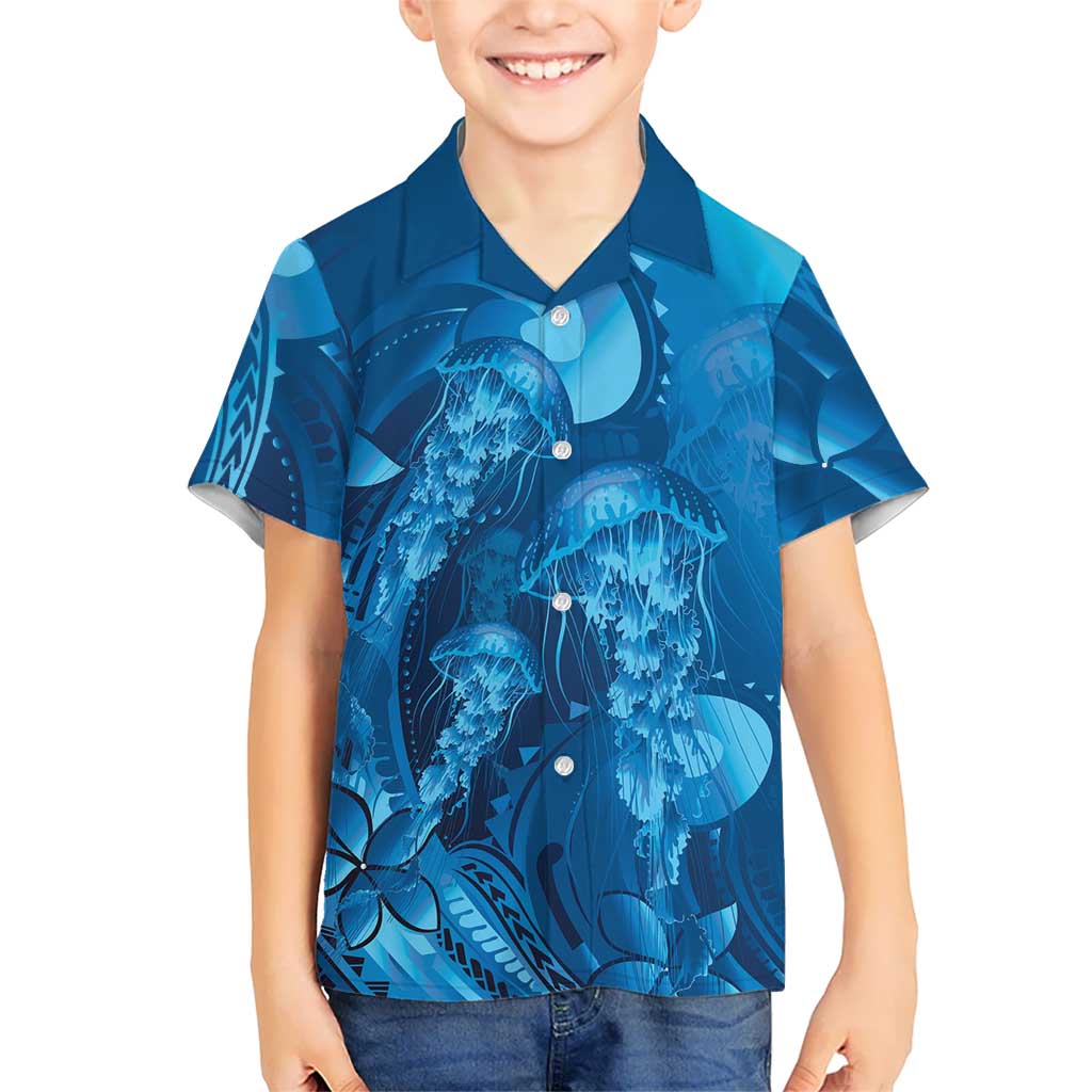Blue Gradient Polynesia Jellyfish Family Matching Off The Shoulder Long Sleeve Dress and Hawaiian Shirt Plumeria Polynesian Tattoo Glowing Vibes LT14 Son's Shirt Blue - Polynesian Pride