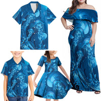 Blue Gradient Polynesia Jellyfish Family Matching Off Shoulder Maxi Dress and Hawaiian Shirt Plumeria Polynesian Tattoo Glowing Vibes