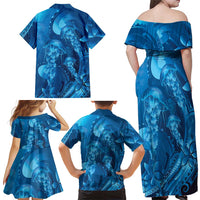 Blue Gradient Polynesia Jellyfish Family Matching Off Shoulder Maxi Dress and Hawaiian Shirt Plumeria Polynesian Tattoo Glowing Vibes