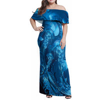 Blue Gradient Polynesia Jellyfish Family Matching Off Shoulder Maxi Dress and Hawaiian Shirt Plumeria Polynesian Tattoo Glowing Vibes