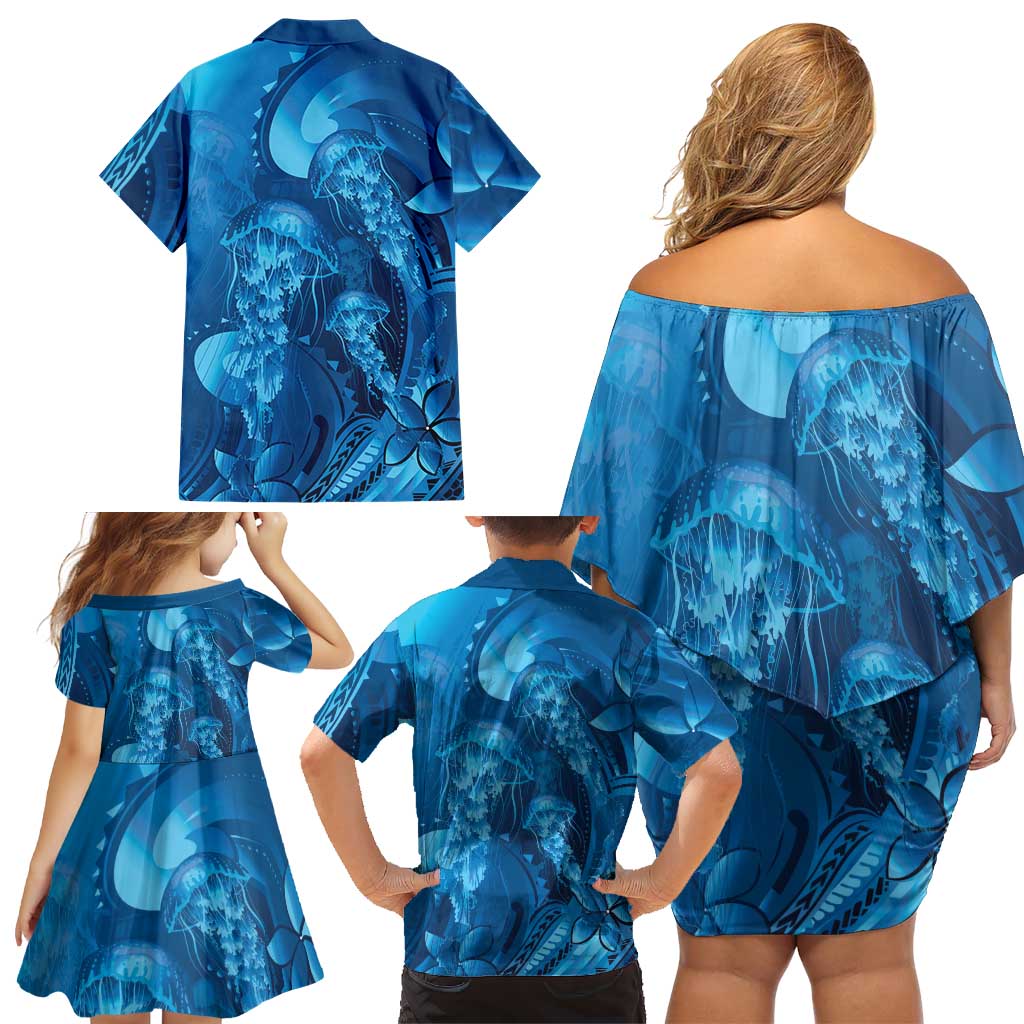 Blue Gradient Polynesia Jellyfish Family Matching Off Shoulder Short Dress and Hawaiian Shirt Plumeria Polynesian Tattoo Glowing Vibes