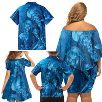 Blue Gradient Polynesia Jellyfish Family Matching Off Shoulder Short Dress and Hawaiian Shirt Plumeria Polynesian Tattoo Glowing Vibes