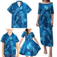 Blue Gradient Polynesia Jellyfish Family Matching Puletasi and Hawaiian Shirt Plumeria Polynesian Tattoo Glowing Vibes