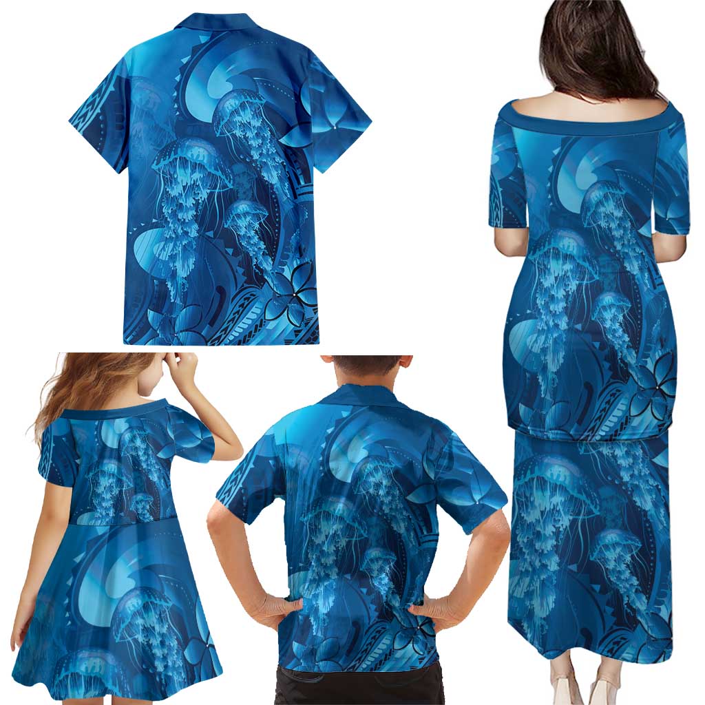 Blue Gradient Polynesia Jellyfish Family Matching Puletasi and Hawaiian Shirt Plumeria Polynesian Tattoo Glowing Vibes