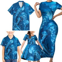 Blue Gradient Polynesia Jellyfish Family Matching Short Sleeve Bodycon Dress and Hawaiian Shirt Plumeria Polynesian Tattoo Glowing Vibes LT14 - Polynesian Pride