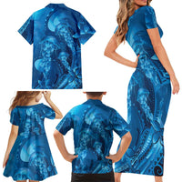 Blue Gradient Polynesia Jellyfish Family Matching Short Sleeve Bodycon Dress and Hawaiian Shirt Plumeria Polynesian Tattoo Glowing Vibes LT14 - Polynesian Pride