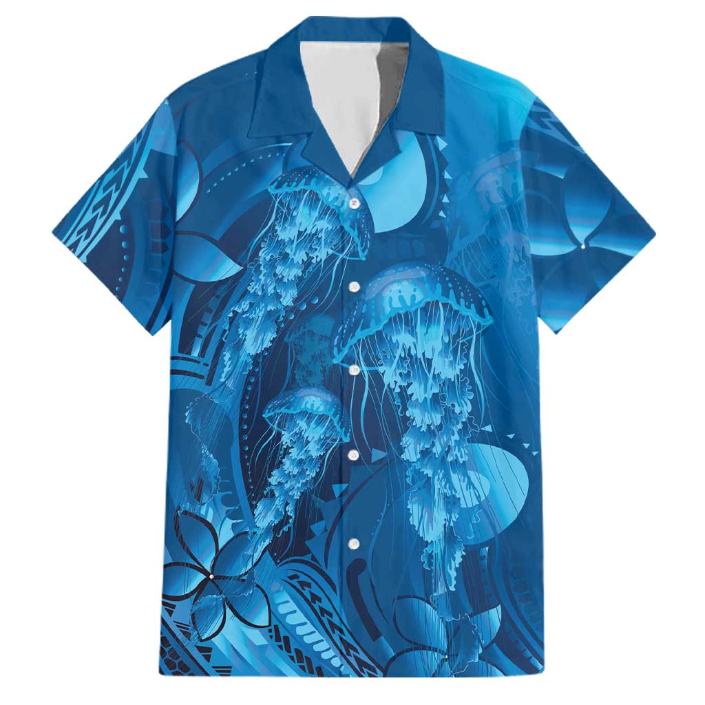 Blue Gradient Polynesia Jellyfish Family Matching Short Sleeve Bodycon Dress and Hawaiian Shirt Plumeria Polynesian Tattoo Glowing Vibes LT14 Dad's Shirt - Short Sleeve Blue - Polynesian Pride