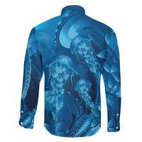 Blue Gradient Polynesia Jellyfish Family Matching Short Sleeve Bodycon Dress and Hawaiian Shirt Plumeria Polynesian Tattoo Glowing Vibes LT14 - Polynesian Pride