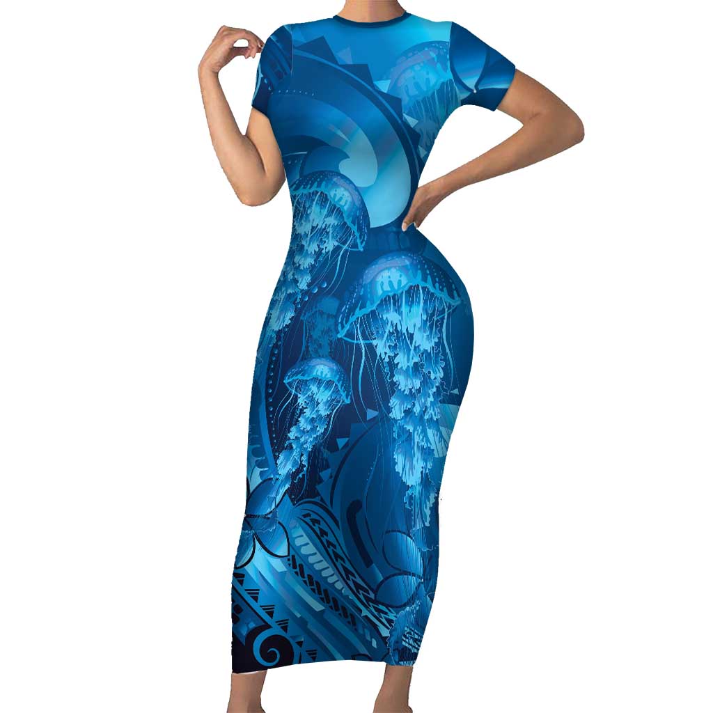 Blue Gradient Polynesia Jellyfish Family Matching Short Sleeve Bodycon Dress and Hawaiian Shirt Plumeria Polynesian Tattoo Glowing Vibes LT14 Mom's Dress Blue - Polynesian Pride