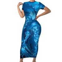 Blue Gradient Polynesia Jellyfish Family Matching Short Sleeve Bodycon Dress and Hawaiian Shirt Plumeria Polynesian Tattoo Glowing Vibes LT14 Mom's Dress Blue - Polynesian Pride