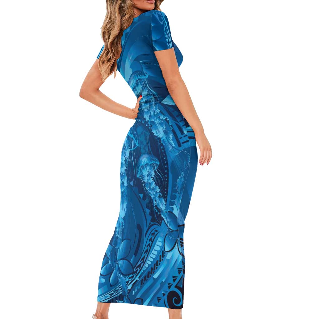 Blue Gradient Polynesia Jellyfish Family Matching Short Sleeve Bodycon Dress and Hawaiian Shirt Plumeria Polynesian Tattoo Glowing Vibes LT14 - Polynesian Pride