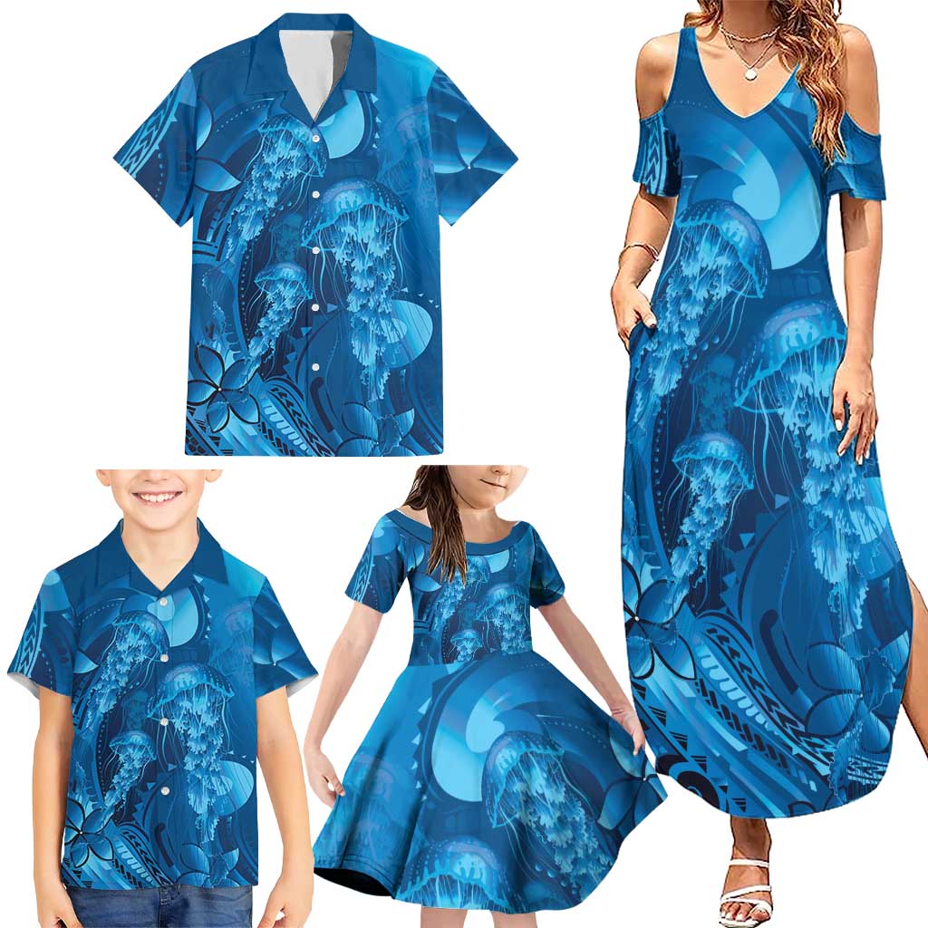 Blue Gradient Polynesia Jellyfish Family Matching Summer Maxi Dress and Hawaiian Shirt Plumeria Polynesian Tattoo Glowing Vibes
