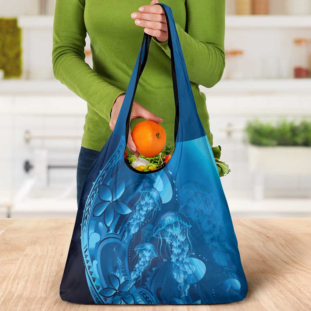 Blue Gradient Polynesia Jellyfish Grocery Bag Plumeria Polynesian Tattoo Glowing Vibes LT14 - Polynesian Pride