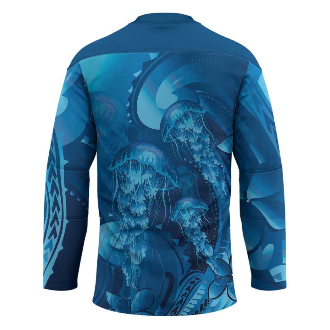 Blue Gradient Polynesia Jellyfish Hockey Jersey Plumeria Polynesian Tattoo Glowing Vibes