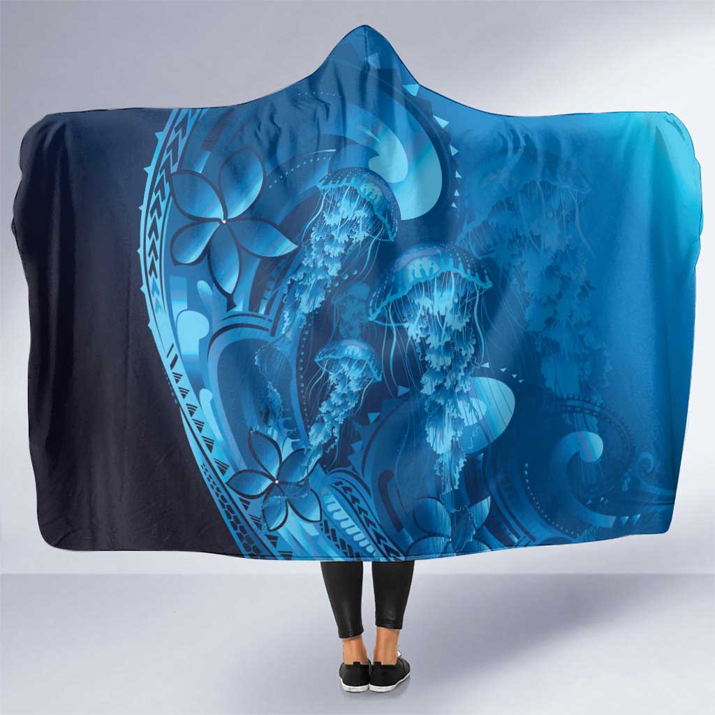 Blue Gradient Polynesia Jellyfish Hooded Blanket Plumeria Polynesian Tattoo Glowing Vibes