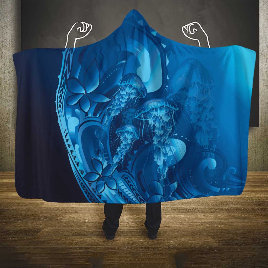 Blue Gradient Polynesia Jellyfish Hooded Blanket Plumeria Polynesian Tattoo Glowing Vibes