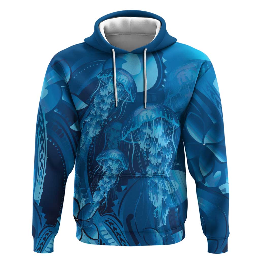 Blue Gradient Polynesia Jellyfish Hoodie Plumeria Polynesian Tattoo Glowing Vibes