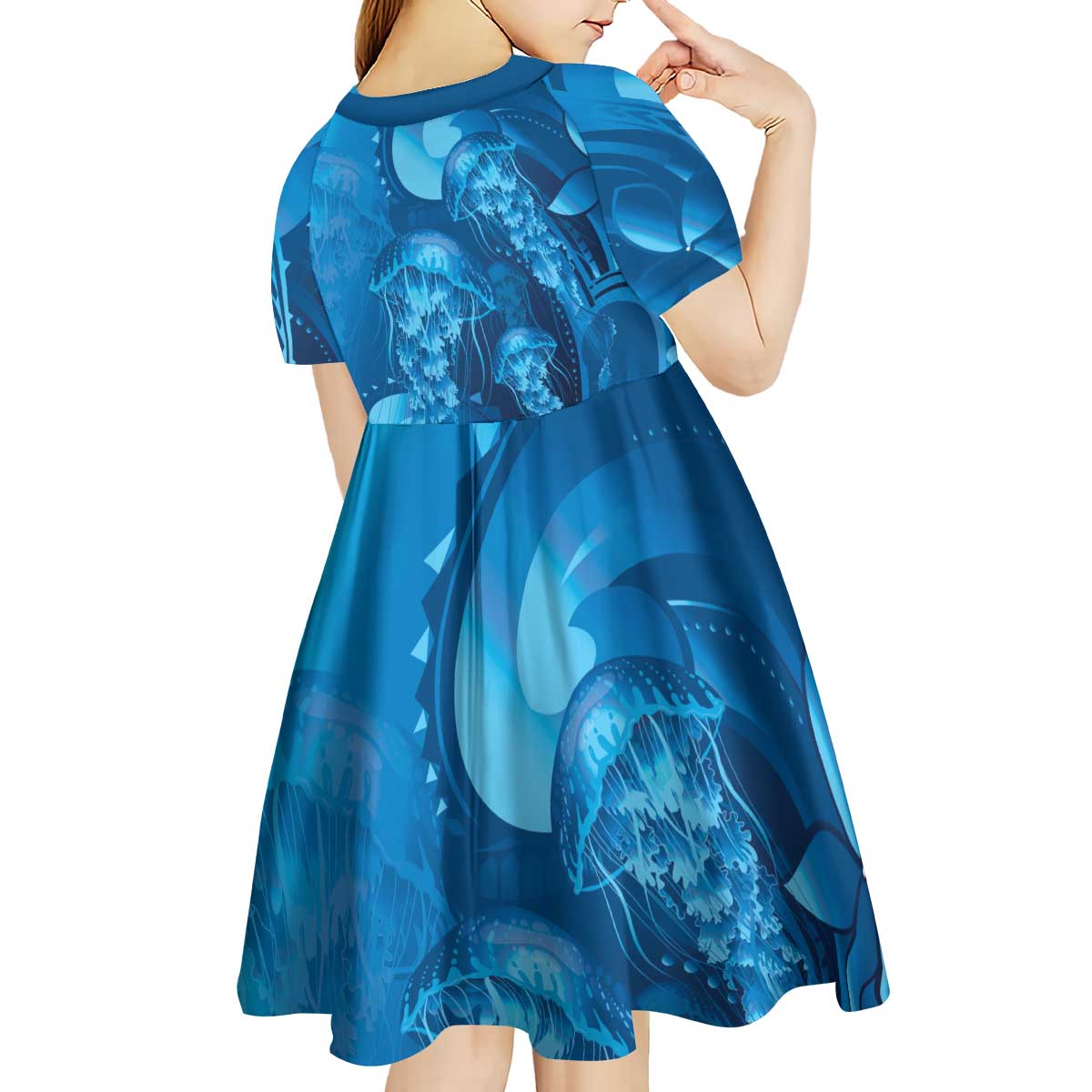 Blue Gradient Polynesia Jellyfish Kid Short Sleeve Dress Plumeria Polynesian Tattoo Glowing Vibes LT14 - Polynesian Pride