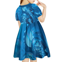 Blue Gradient Polynesia Jellyfish Kid Short Sleeve Dress Plumeria Polynesian Tattoo Glowing Vibes LT14 - Polynesian Pride