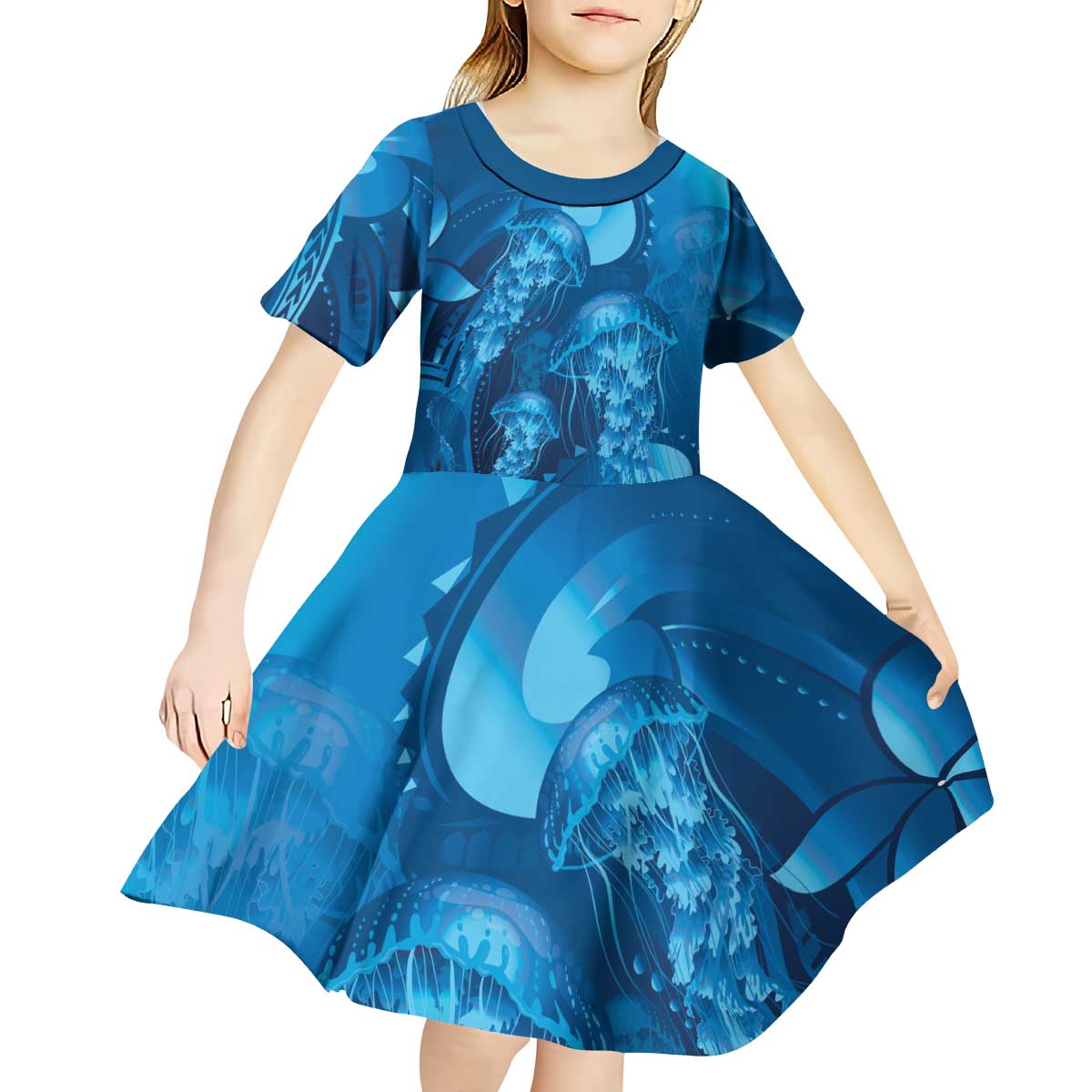 Blue Gradient Polynesia Jellyfish Kid Short Sleeve Dress Plumeria Polynesian Tattoo Glowing Vibes LT14 - Polynesian Pride