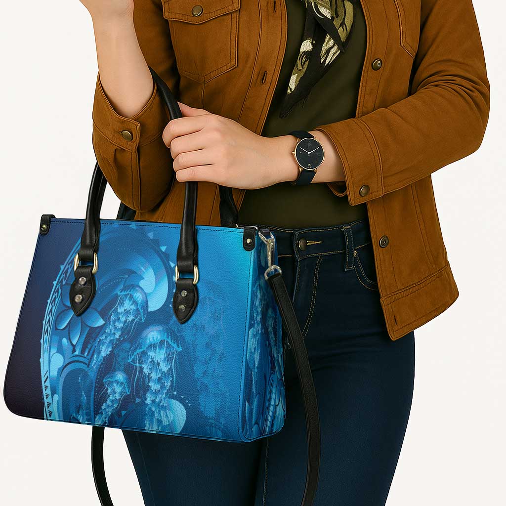 Blue Gradient Polynesia Jellyfish Leather Bag Plumeria Polynesian Tattoo Glowing Vibes