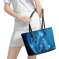 Blue Gradient Polynesia Jellyfish Leather Tote Bag Plumeria Polynesian Tattoo Glowing Vibes