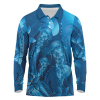 Blue Gradient Polynesia Jellyfish Long Sleeve Polo Shirt Plumeria Polynesian Tattoo Glowing Vibes