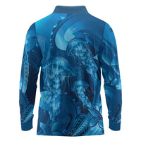 Blue Gradient Polynesia Jellyfish Long Sleeve Polo Shirt Plumeria Polynesian Tattoo Glowing Vibes