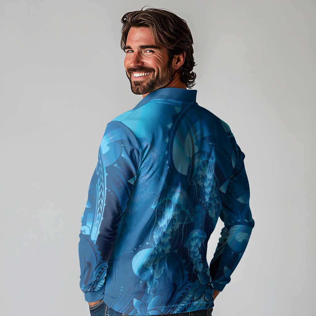 Blue Gradient Polynesia Jellyfish Long Sleeve Polo Shirt Plumeria Polynesian Tattoo Glowing Vibes
