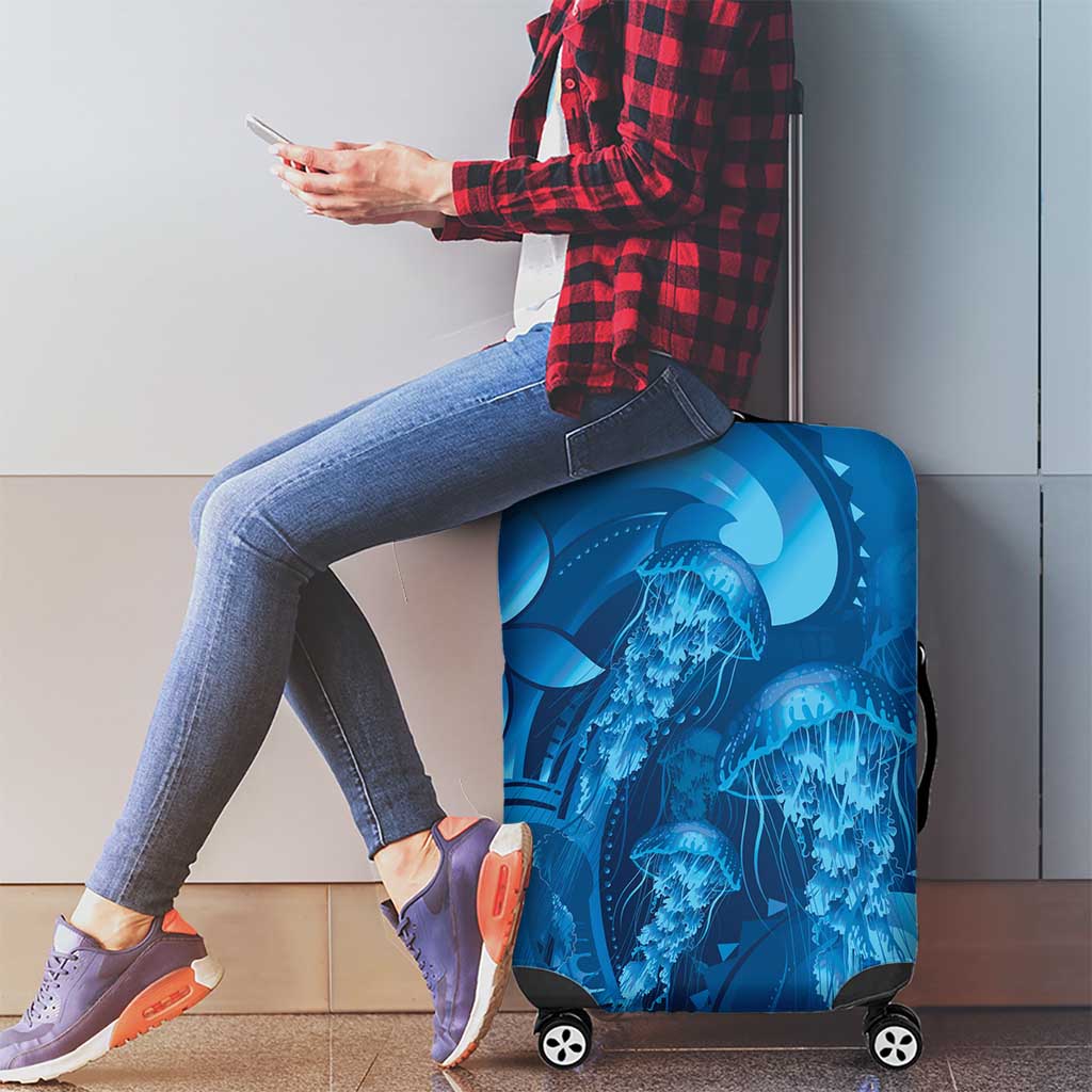 Blue Gradient Polynesia Jellyfish Luggage Cover Plumeria Polynesian Tattoo Glowing Vibes