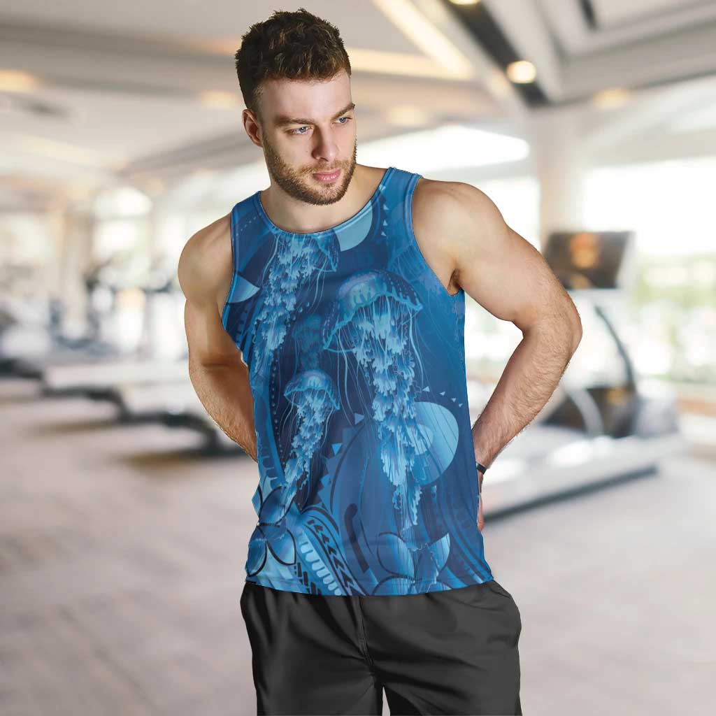 Blue Gradient Polynesia Jellyfish Men Tank Top Plumeria Polynesian Tattoo Glowing Vibes