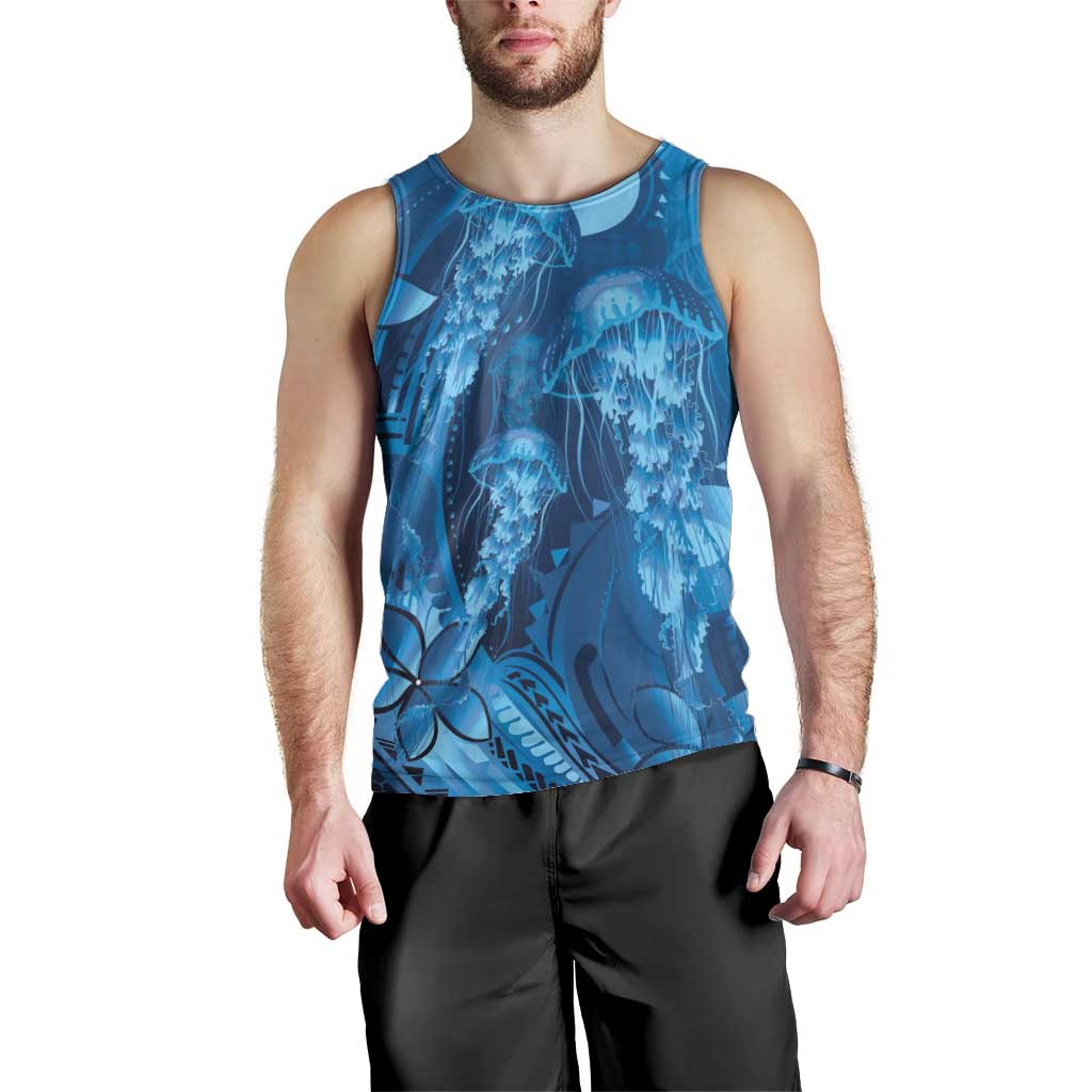 Blue Gradient Polynesia Jellyfish Men Tank Top Plumeria Polynesian Tattoo Glowing Vibes