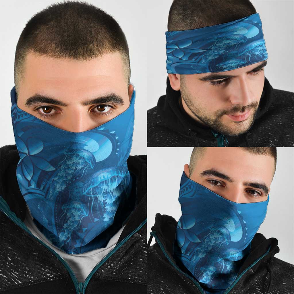 Blue Gradient Polynesia Jellyfish Neck Gaiter Plumeria Polynesian Tattoo Glowing Vibes