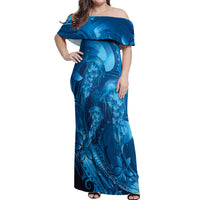 Blue Gradient Polynesia Jellyfish Off Shoulder Maxi Dress Plumeria Polynesian Tattoo Glowing Vibes