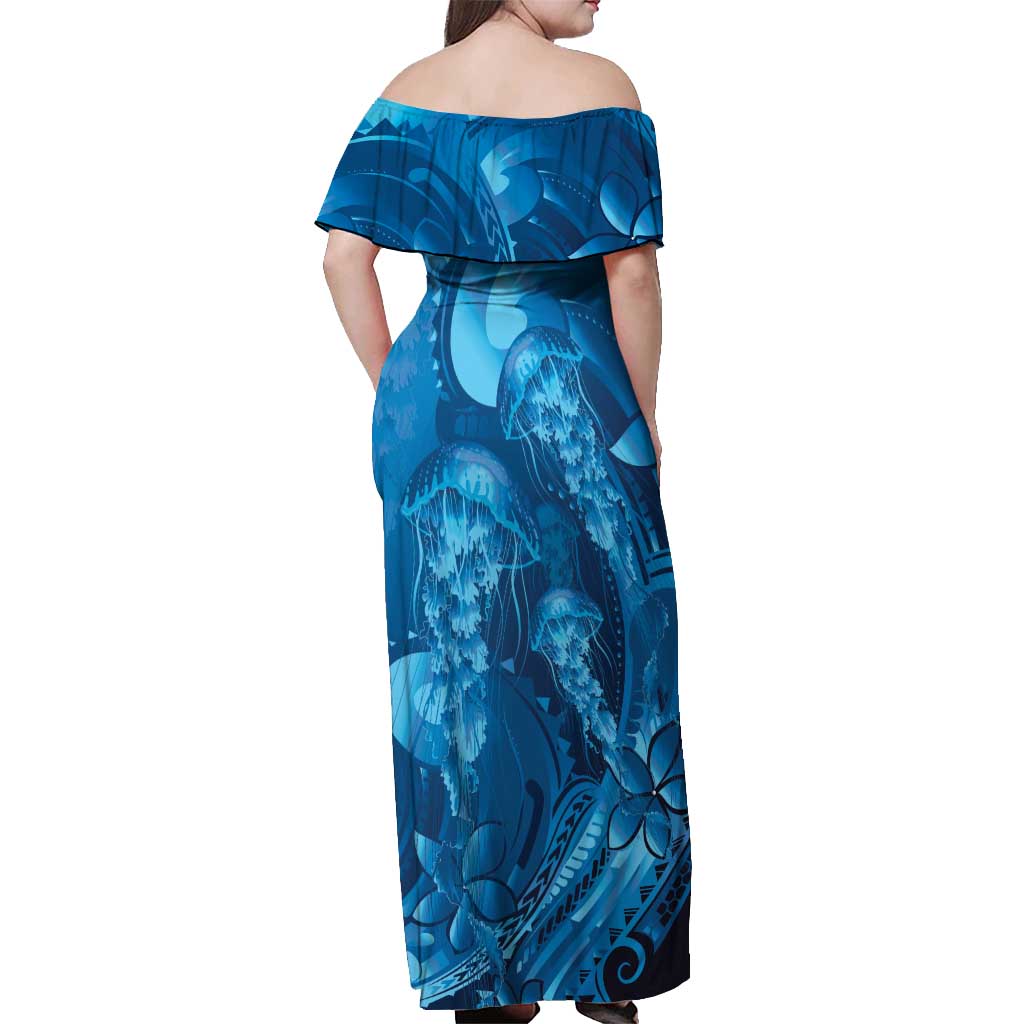 Blue Gradient Polynesia Jellyfish Off Shoulder Maxi Dress Plumeria Polynesian Tattoo Glowing Vibes
