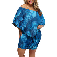 Blue Gradient Polynesia Jellyfish Off Shoulder Short Dress Plumeria Polynesian Tattoo Glowing Vibes LT14 Women Blue - Polynesian Pride