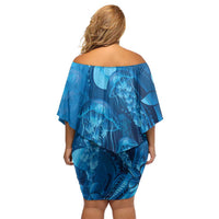 Blue Gradient Polynesia Jellyfish Off Shoulder Short Dress Plumeria Polynesian Tattoo Glowing Vibes LT14 - Polynesian Pride