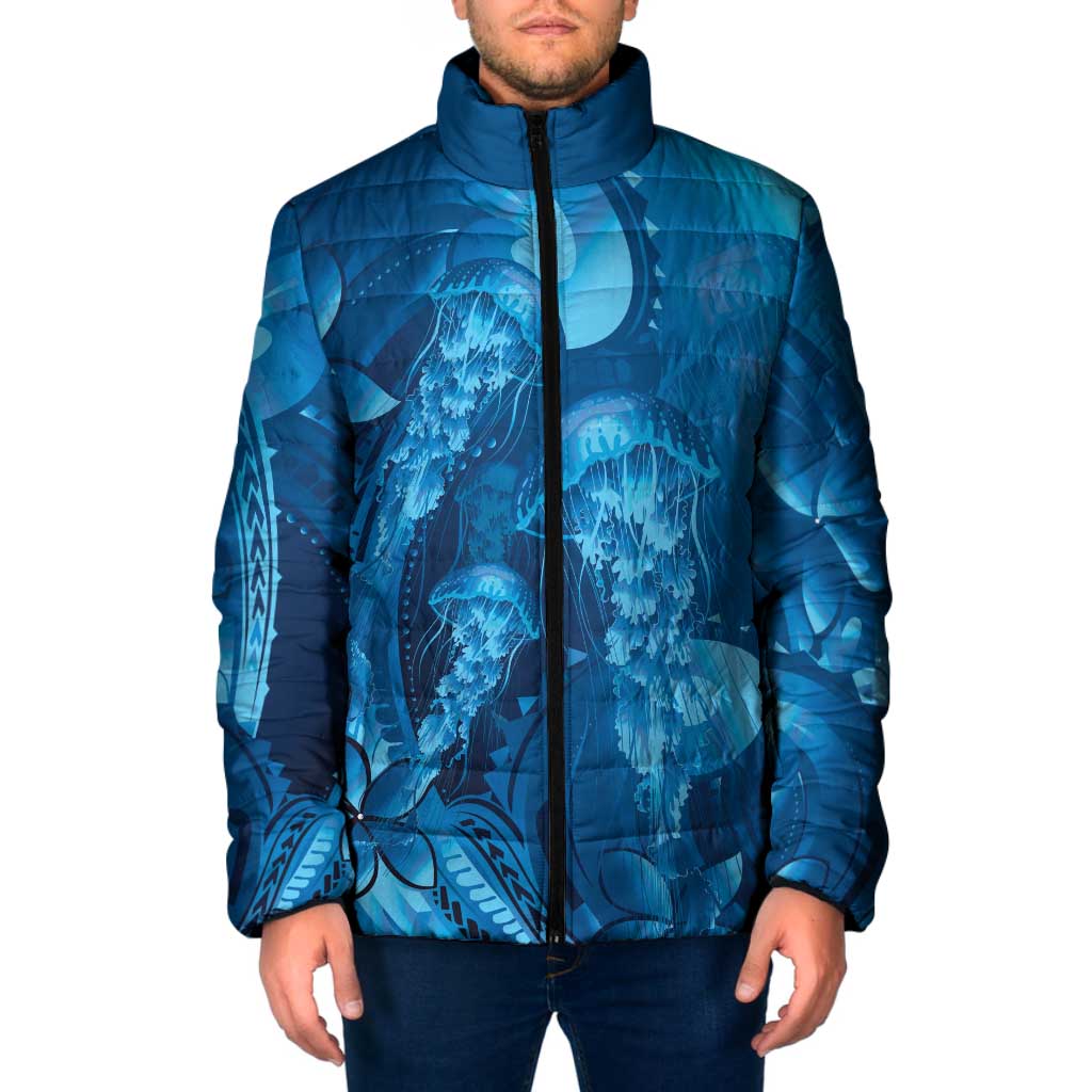 Blue Gradient Polynesia Jellyfish Padded Jacket Plumeria Polynesian Tattoo Glowing Vibes