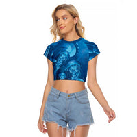 Blue Gradient Polynesia Jellyfish Raglan Cropped T Shirt Plumeria Polynesian Tattoo Glowing Vibes LT14 Female Blue - Polynesian Pride