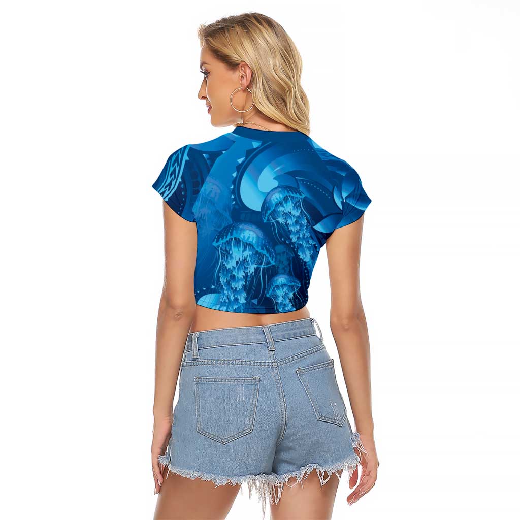 Blue Gradient Polynesia Jellyfish Raglan Cropped T Shirt Plumeria Polynesian Tattoo Glowing Vibes LT14 - Polynesian Pride