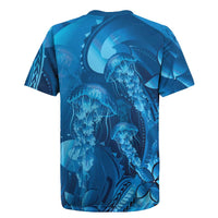 Blue Gradient Polynesia Jellyfish Rugby Jersey Plumeria Polynesian Tattoo Glowing Vibes