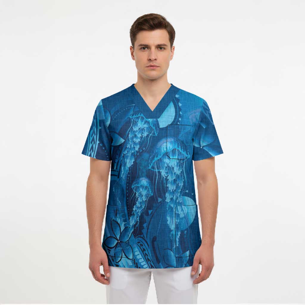 Blue Gradient Polynesia Jellyfish Scrub Top Plumeria Polynesian Tattoo Glowing Vibes