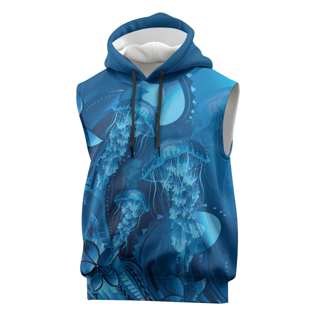 Blue Gradient Polynesia Jellyfish Sleeveless Hoodie Plumeria Polynesian Tattoo Glowing Vibes LT14 Blue - Polynesian Pride