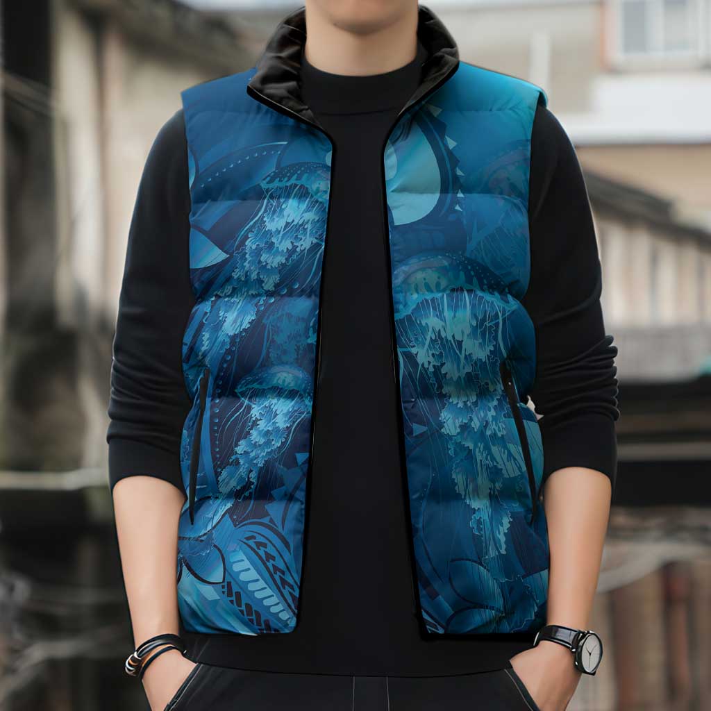 Blue Gradient Polynesia Jellyfish Sleeveless Puffer Jacket Plumeria Polynesian Tattoo Glowing Vibes
