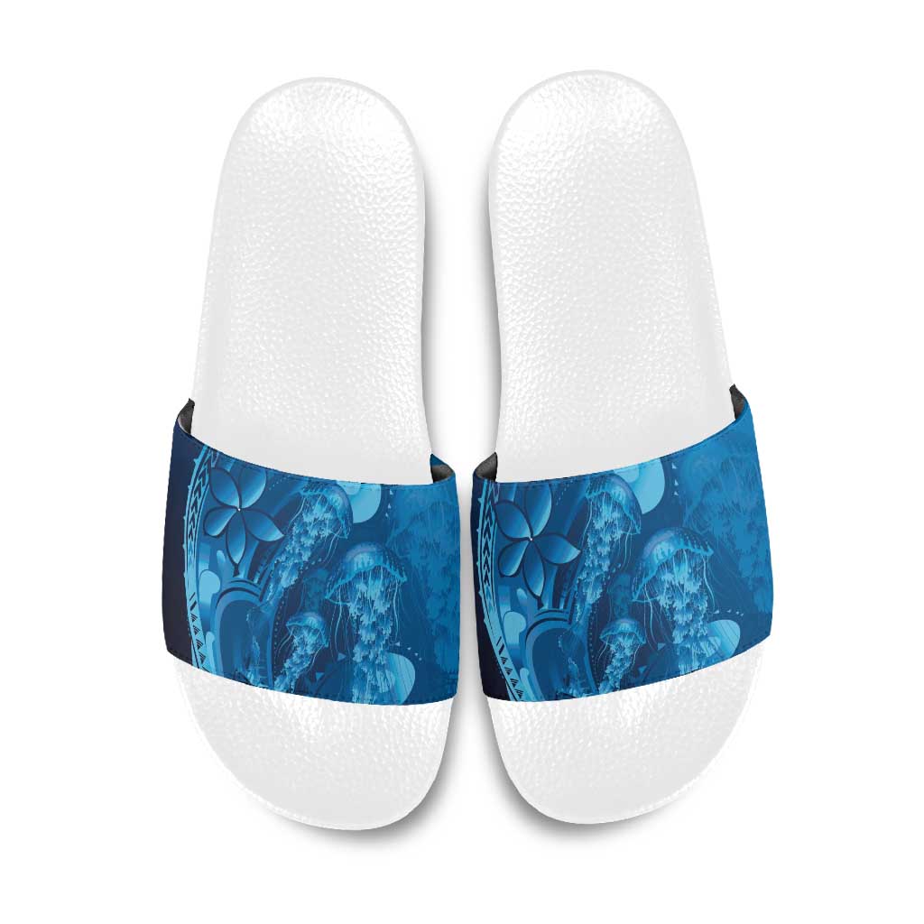 Blue Gradient Polynesia Jellyfish Slide Sandals Plumeria Polynesian Tattoo Glowing Vibes