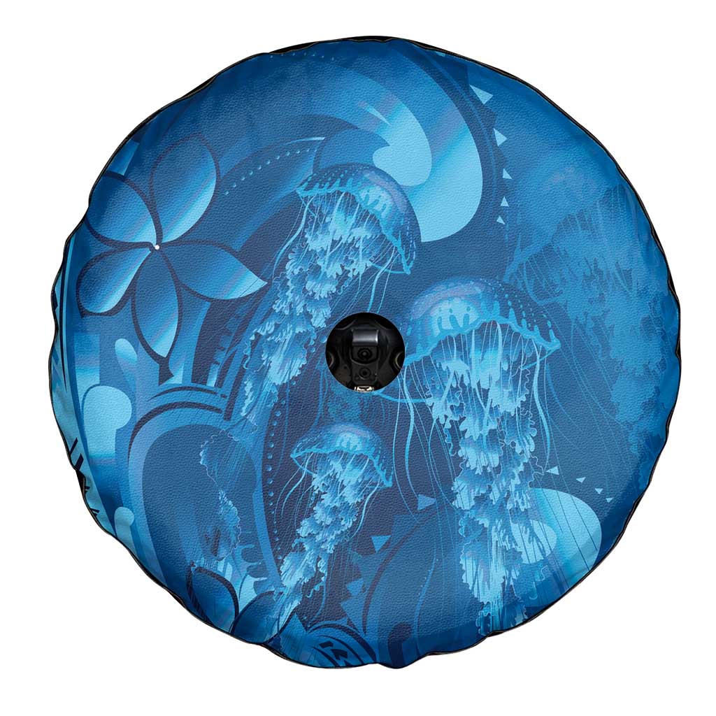 Blue Gradient Polynesia Jellyfish Spare Tire Cover Plumeria Polynesian Tattoo Glowing Vibes