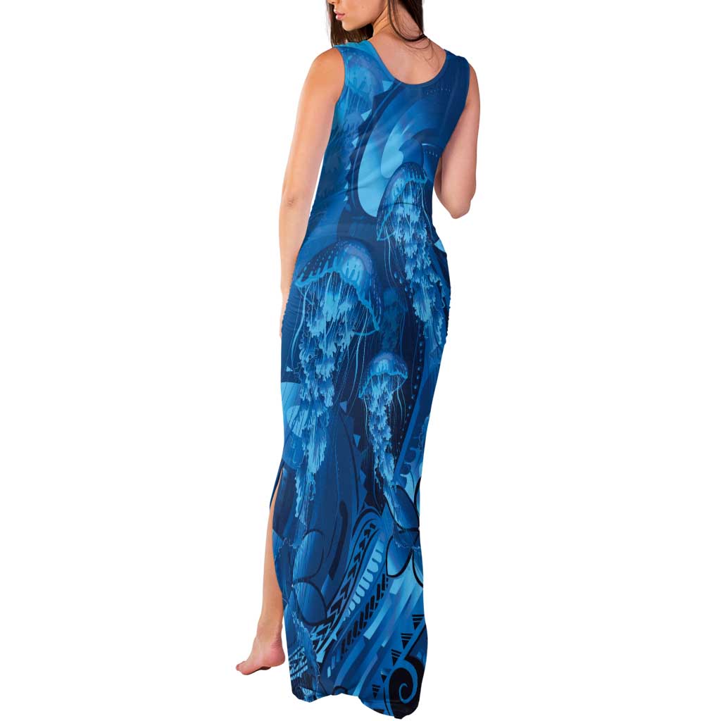 Blue Gradient Polynesia Jellyfish Tank Maxi Dress Plumeria Polynesian Tattoo Glowing Vibes LT14 - Polynesian Pride